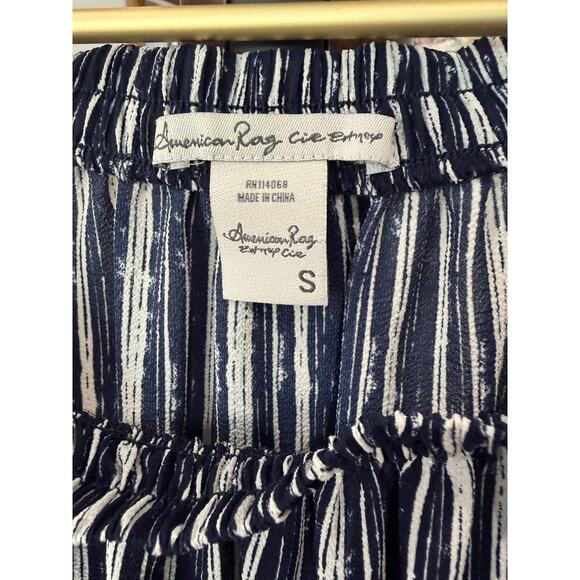 American Rag Navy White Stripe Off Shoulder Top Smocked Neck 3/4 Sleeve Sz S EUC - Picture 3 of 5